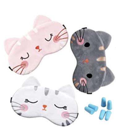 BE Cute Cat 3 Pack Velvet Soft Sleep Mask Eye Cover Blindfold Kids Girls Women Gift with Earplugs