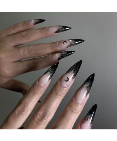 Shop Gothic Halloween Press-On Nails | Medium Almond Black French Tip Design - 24pcs Acrylic Stick-On Witch Nails for Women & Girls - Buy Online on GoSupps.com
