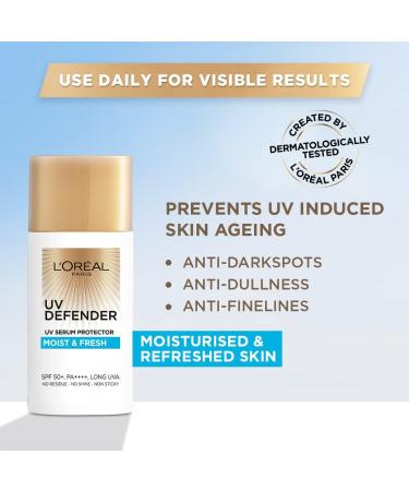L'Oreal Paris Sunscreen Non-Greasy Hydrating Sunscreen With Hyaluronic Acid UVA & UVB Protection With SPF 50 PA+++ Moist & Fresh UV Defender Serum Protector 50 ml - Buy Online on GoSupps.com