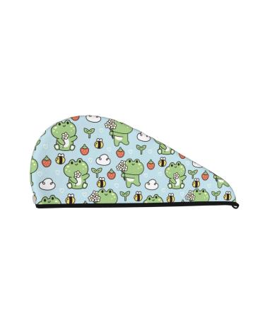 Hair Towel Wrap Hair Drying Towel with Button Towel Turban Head Towel to Dry Hair Quickly (Cute Floral Frog)