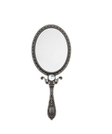 SEHAMANO Vintage Double Sided Handheld Makeup Metal Mirror/Decorated with Pearl/Folding Handle/Portable and Durable Hand Mirror (Matt Grey (Tin))