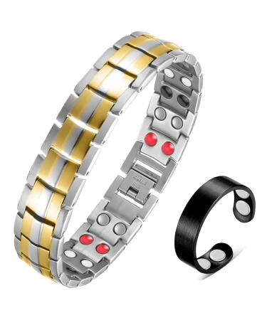 Vicmag Men Magnetic Bracelets Titanium Steel Magnet Bracelet Ultra Strength Double Row 3500 Gauss Wristband Brazaletes with Adjustment Tool & Jewelry Gift Box (Gold Line 4 Elements)