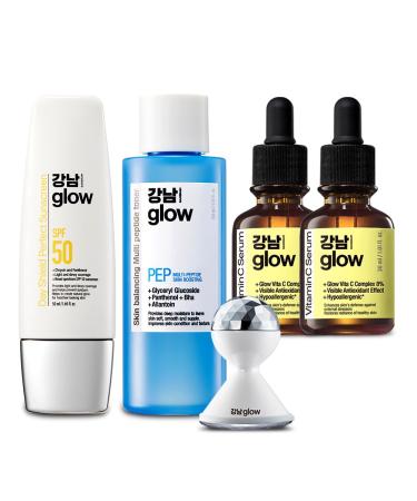 GANGNAM glow Day Shield Perfect Sunscreen SPF 50 & Vitamin C Serum 1.01 oz(Pack of 2) + Galvanic Red LED Booster & Multi-Peptide Skin Boosting Toner - Korean Skin Care