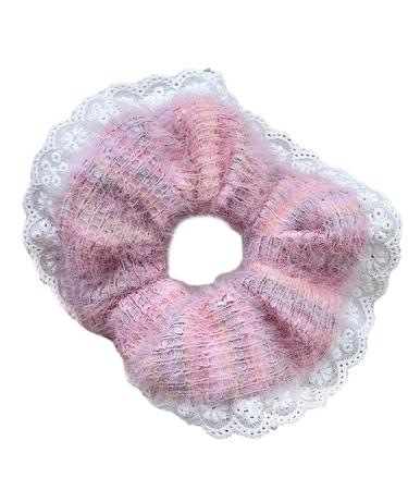 xbiez Cute Lace Trim French Hair Scrunchies for Women Girls Vintage Floral Hair Ties Hairband Elastic Ponytail Holder Headband 10 pink