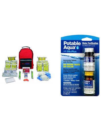 Ready America 70280 72 Hour Emergency Kit 2-Person 3-Day Backpack Red & Potable Aqua Water Purification Tablets with PA Plus - Two 50 Count Bottles 2 Person Emergency Kit + Purification Tablets