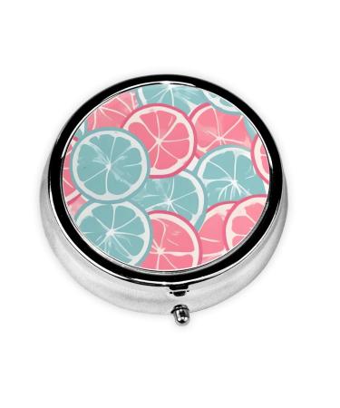 Pink Blue Citrus Slicesround Pill Box 3 Compartments Round Pill Box Organizer for Purse Or Pocket Portable Travel Pill Box