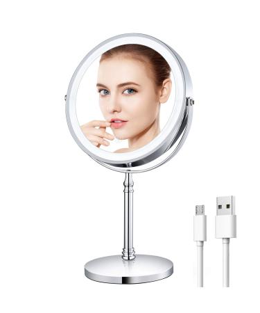Rechargeable 8'' Lighted Makeup Mirror, 10X Magnifying Vanity Mirror with 3 Color LED Lights, Double-Sided Cosmetic Mirror Battery Powered, Touch Button Adjust Brightness Chrome