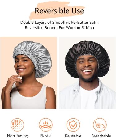 Mikimini X-Large Satin Bonnet for Sleeping - Black+Silver Reversible Double Layer Hair Cap - Soft Stretchy Hair Care Bonnet for Women - Buy Online on GoSupps.com