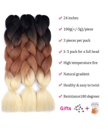 Fanyu 3 Packs 24 Synthetic Braiding Hair - Ombre Jumbo Braids Extensions for Crochet (DB-Black-Brown Blonde) - Buy Online on GoSupps.com