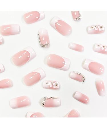 Medium Square Press on Nails - French Tip Pink Full Cover False Nails with Flower & Rhinestones - 24Pcs Spring Glue on Nails for Women & Girls - Buy Online on GoSupps.com