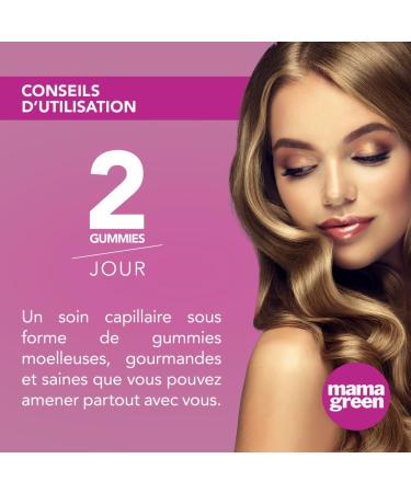Mama Green - Gummies Love is in the hair - Favorise la pousse des cheveux - Force et brillance - 60 gummies - Sans sucres Sans colorants et ar mes artificiels - Fabriqu en France - Buy Online on GoSupps.com