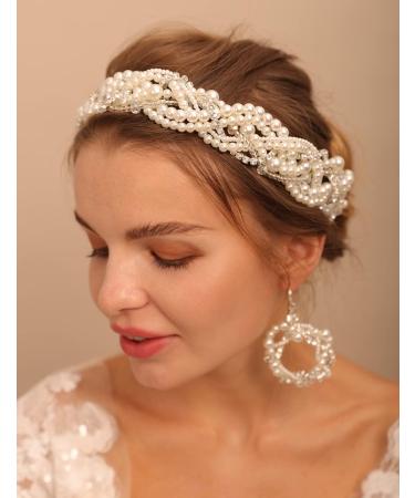 Deniferymakeup Bride Wedding Hair Vine and Earrings Set Pearl Hair Accessories Silver Rhinestone Bride Headband for Women and Girls White - Buy Online on GoSupps.com