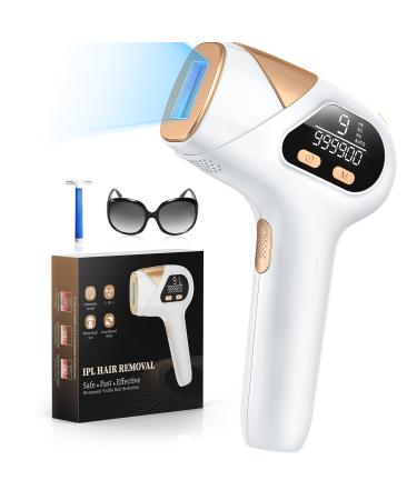 Glattol IPL Hair Removal with 9 Intensity Level 3 in 1 Laser Hair Removal Device with HR/SC/RA 999 900 Light Pulses for Face Arm Bikini Long-Lasting Hair Removal for Men & Women Gold