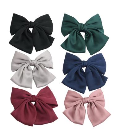 PIDOUDOU Set of 6 Big Satin Solid 8 Inch Bow Hair Clips Women Barrettes 6 Pcs Satin Bow