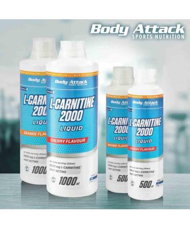 Body Attack L-Carnitin Liquid 2000mg - Fruity Cherry Supplement with Vitamin C | 50 Portions | Made in Germany - 1000ml - Buy Online on GoSupps.com