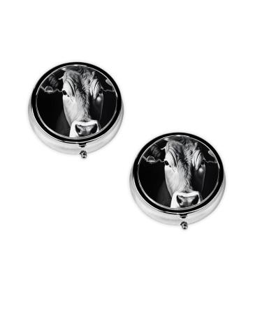 (Black and White Cow) Round Pill Box 3 Compartment Pill Box Mini Decorative Pocket Purse Portable Travel Medicine Tablet Vitamin Holder Organizer Pill Case