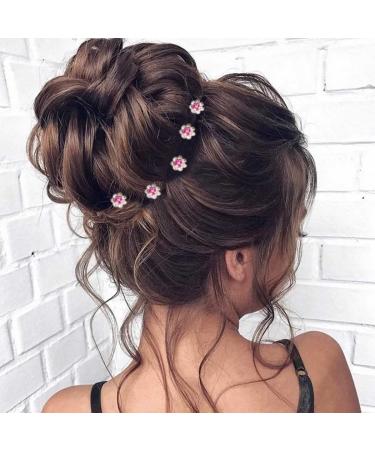 Bartosi 5 Pack Crystal Hair Pins Pink Rose Flower Rhinestone Hair Clips for Bridal U-Shaped Hairpin Bride Wedding Women Bobby Pins Hair Jewelry Accessories for Women and Girls