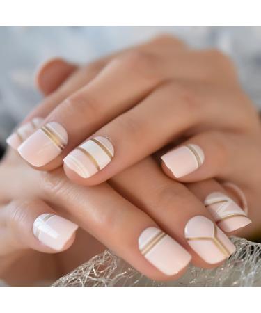 Nude Gold Line Medium Square Glossy False Nails - 24pcs | International Shipping Available - Buy Online on GoSupps.com