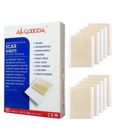 ALL GOOODA Silicone Scar Sheets Strips Tape 2 x3 10 Sheets  Scar Removal Reducing Away Surgical Treatment Keloid Bump Surgery Burn Tummy Tuck Acne C-Section Stretch Marks Silicon Cream