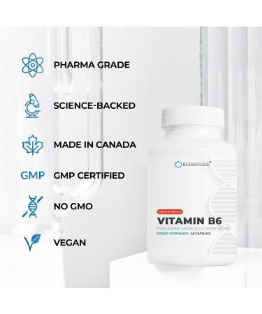 Biogenique Vitamin B6 100 mg - 60 Capsules B6 Pyridoxin - Supports Energy Production & Metabolism - 2 Months Supply Vitamin B6 Supplement Made in Canada Non-GMO Vegan - Buy Online on GoSupps.com