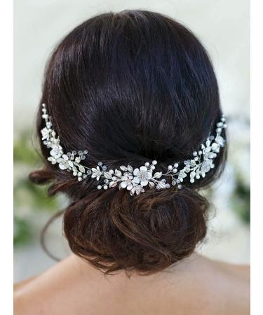 EASEDAILY Flower Bride Wedding Hair Vine Pearl Bridal Headpiece Leaf Headband Hair Accessories for Women and Girls (15.7inches)