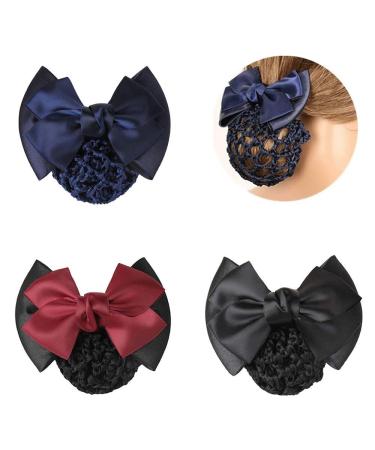 TXIN 3 Pieces Hair Snood Net Bun Cover Knit Hairnet Bow Bowknot Decor Barrette Hair Clip for Women Mesh Work Hairnets  Black & Navy Blue & Red Style A - 3 PCS