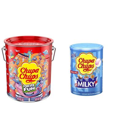 Chupa Chups Best of Lollipop-Eimer contains 150 lollipops in 6 flavors in the pop art metal can & milky lollipotile can bundle with gourmet socket box