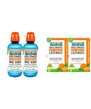 TheraBreath Fresh Breath Oral Rinse ICY Mint 16 Ounce Bottle (Pack of 2) and Dry Mouth Lozenges with Zinc Mandarin Mint 100 Lozenges (Pack of 2)