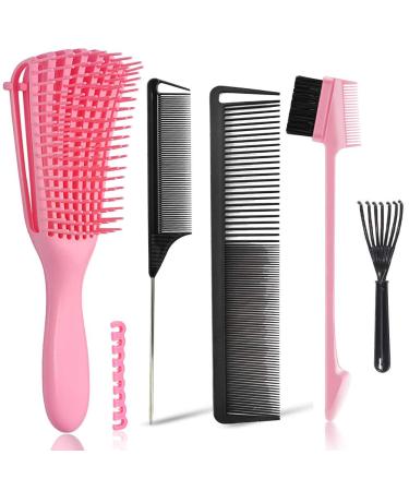 EZ Detangler Brush with Edge Brush  Rat Tail Combs Set for Natural  Curly  Wet/Dry  Black Hair  Flex Detangling Brush set for Hair Style and Cuting  No Pain and Easy Clean in Daily Use(Pink + Black) 5 Pieces (Pink + Blac...