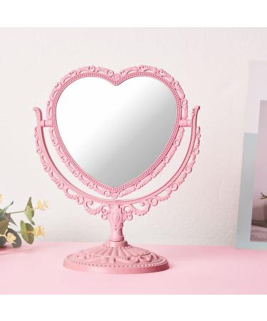 RECEESOON Pink Heart Mirror Double Sides  Vanity Makeup Mirror for Desk  Pink Vintage Mirror  Coquette Danish Pastel Room Decor Aesthetic