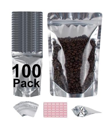 BELLE KR Mylar Bags for Food Storage with 7.5mil Thickness - Pack Of 100 (6"x9") Self-Stand-up Clear Mylar Ziplock Bags with Label Stickers -Resealable Bags for Packaging