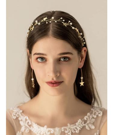 JWICOS Star Girl Headband Earrings Set - Gold Princess Wedding Hair Accessories for Women - Handmade Bridal Barrette with Dainty Bead Star Drop Design - Buy Online on GoSupps.com