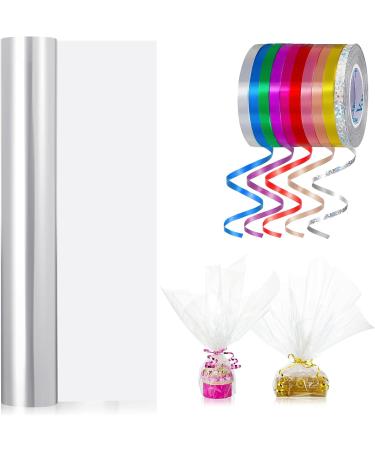 Zonon 31.5 Inch x 100 Ft Clear Cellophane Wrap Roll with 10 Rolls Colorful Curling Ribbon - Ideal for Flowers, Baskets, and Handicrafts - Buy Online on GoSupps.com