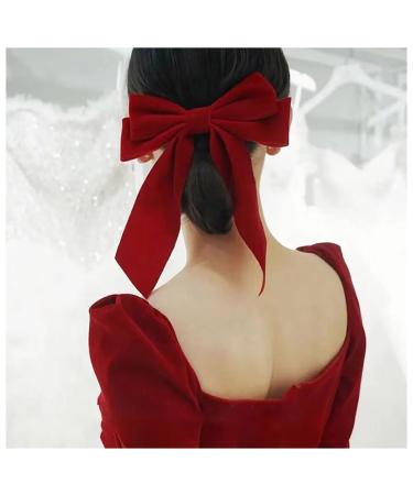 Inilbran Vintage Red Velvet Bow Hair Clips Long Tail Satin Hairclips Barrettes Velvet Ribbon Hair Clip Barrette French Bowknot Hairclip Headwear Winter Decorative Hair Accessories for Women (Red)