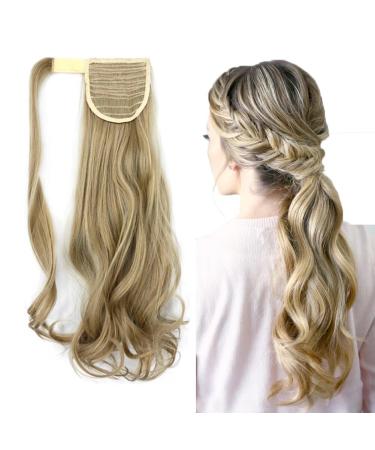 iLUU Medium Blonde with Bleach Blonde Highlights Clip in Ponytails Extension Wrap Around Long Curly Wavy Hair Extension 18 Inch Synthetic Hairpiece Ponytail Wig for Beauty Women 100g #16/613 16/613-medium blonde/bleach blonde