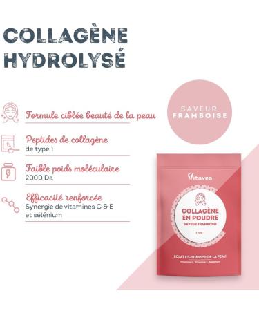 Collagen Powder Raspberry Flavor - 6800mg per day - Hydrolyzed Peptides Types 1 - 2000 Da - Radiance & Youthful Skin - Highly Bioavailable - Made in France - Vitavea - Buy Online on GoSupps.com