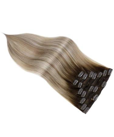 Hair Extensions 7 Pieces Human Hair Clip in Hair Extensions Ombre Brown Blonde Clip in Extensions Dark Brown Balayage Golden Blonde Ombre Platinum Blonde Seamless Clip Hair Pieces(16 inches) 16 inches 100g/Set