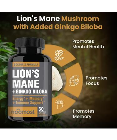 NooMost Lions Mane Supplement Organic Capsules - With Ginkgo Biloba - Cognitive Health Focus & Memory Support - Natural Superfood for Brain Energy & Immune Health - Non GMO- 60 Caps - 2 Month Supply 540 mg - Buy Online on GoSupps.com