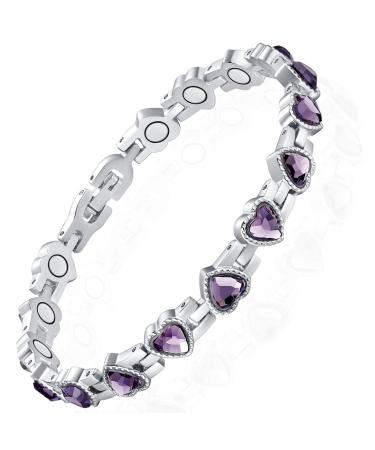 Magnetic Bracelets for Women Stainless Steel Bracelet with Heart-Shaped Zircon Magnetic Jewelry Present (Purple)
