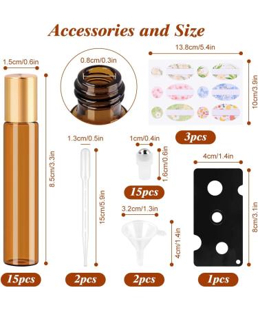 Belicoo 10ml Empty Roll-On Bottles - 15 Pack Brown Glass Essential Oil Rollers with Pipette & Stainless Steel Balls for Perfumes Aromatherapy & Massage - Golden Lid - Buy Online on GoSupps.com
