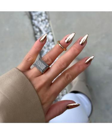 Light Gold Chrome Press on Nails Medium Almond SXVME Gold Nails Chrome Fake Nails Plating Mirror Metal Glue on Nails Acrylic Nails Metallic Nails Press ons False Nails Medium Stiletto Nails in 24PCS almond chorme light gold