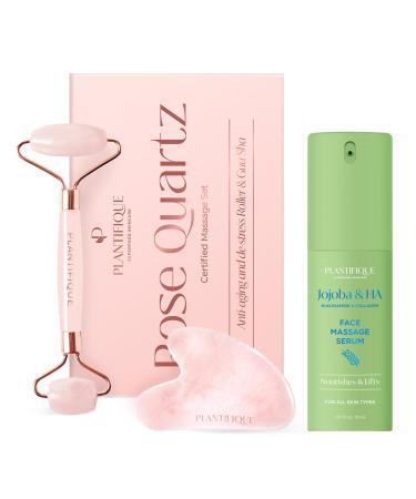 PLANTIFIQUE Rouleau de Quartz Rose et Gua Sha - Massage du Visage avec Guasha et Roller en Pierre V ritable & Serum Visage Jojoba Bio Oil - Gua Sha Huile Massage Hydratant et Anti Rides Puissant