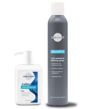 KERACOLOR Kit of 3-in-1 (Cleanse + Conditioner + Color) Blue Semi-Permanent Hair Dye and Finishing Hair Spray 10oz