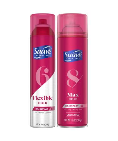Suave Hairspray for Women Variety 2-Pack Flex Control Scented + Max Hold Unscented Hair Spray for Fine Hair Wavy Sleek Curly Hair Styling