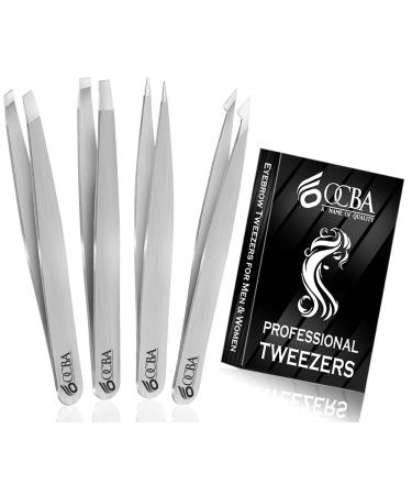 OCBA silver-colored tweezers for face hair women and men for precise care of eyebrows professional eyebrow tweezers made of stainless steel black coated 4 pieces silver