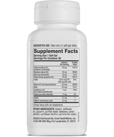 VitaminXL B Complete - Full Spectrum B Complex with B1 B5 B6 B12 Biotin Niacin Riboflavin Folate Choline Inositol - 30 Soft Gels - Buy Online on GoSupps.com