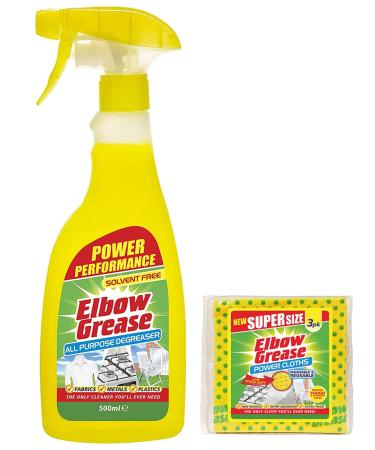 Elbow Grease All-purpose Degreaser Spray- 500 ml- Effective Cleaner Formula for Kitchen Fabric and Metallic Surfaces with 1 Pack of Elbow Grease Power Cloth Elbow Grease Degreaser + Pack Power Cloth