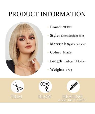 OUFEI Blonde Bob Wig With Bangs Short Straight Wig For Women Synthetic Hair Wigs for Daily Party Cosplay Wear Blonde(1032-1) - Buy Online on GoSupps.com
