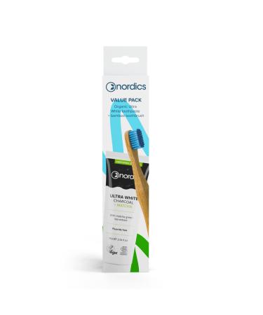 Ultra White Matcha Organic Activated Charcoal Toothpaste 75ml + Eco Bamboo Toothbrush Blue Hair - Beneficial Packaging - Fluoride Free - Vegan - Nordics