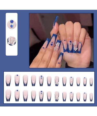 Kamize Medium Coffin Press on Nails with Butterfly Rhinestones - 24PCS Blue False Nails for Women and Girls - Buy Online on GoSupps.com